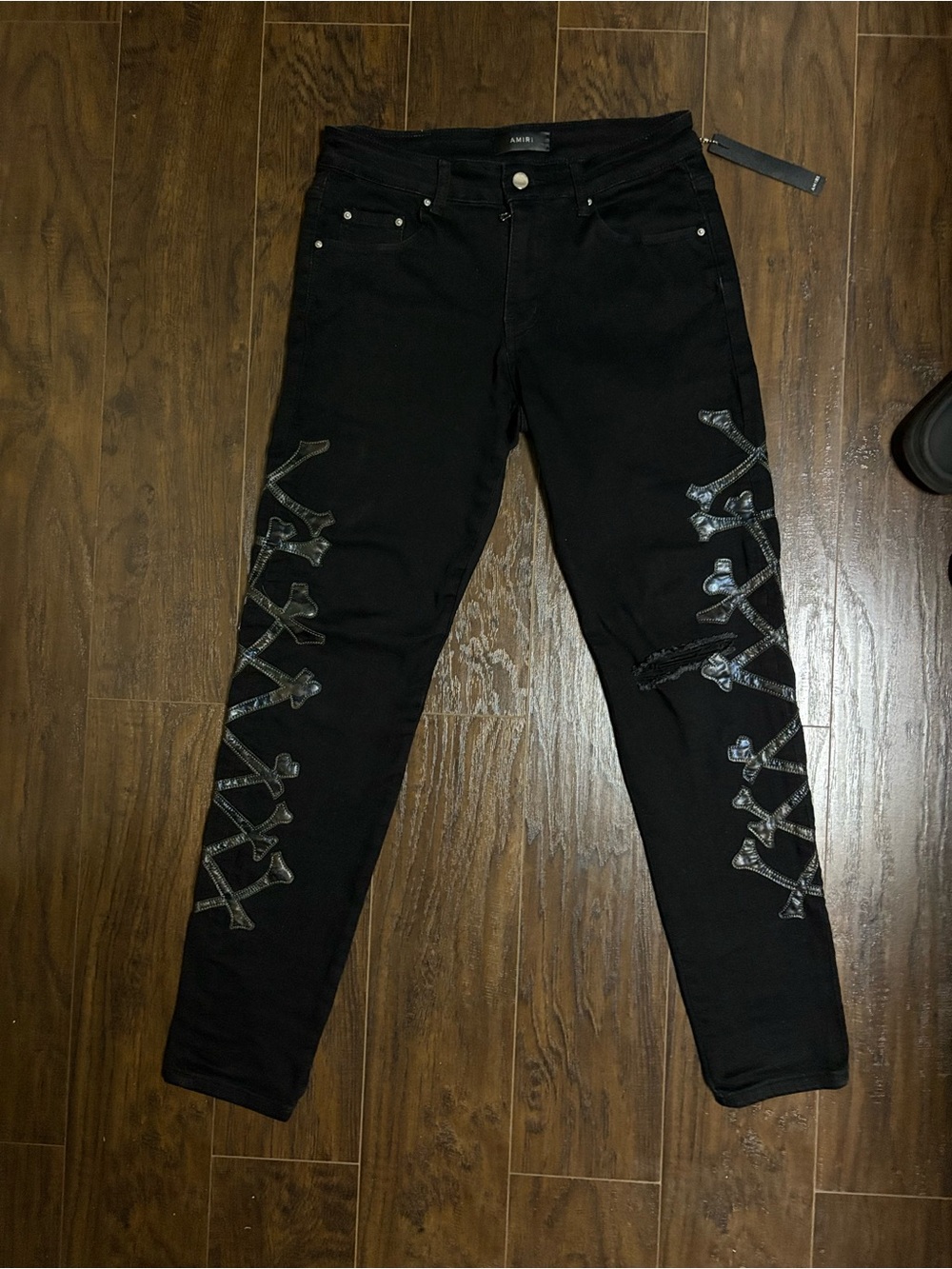 AMIRI Black Bones Skinny Jeans with Lace-Up Side Panels
